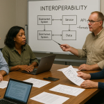 Pracownicy urzędu patrzą na schemat przepływu danych między systemami, a na ekranie widać wspólne formaty i API bez logotypów dostawców