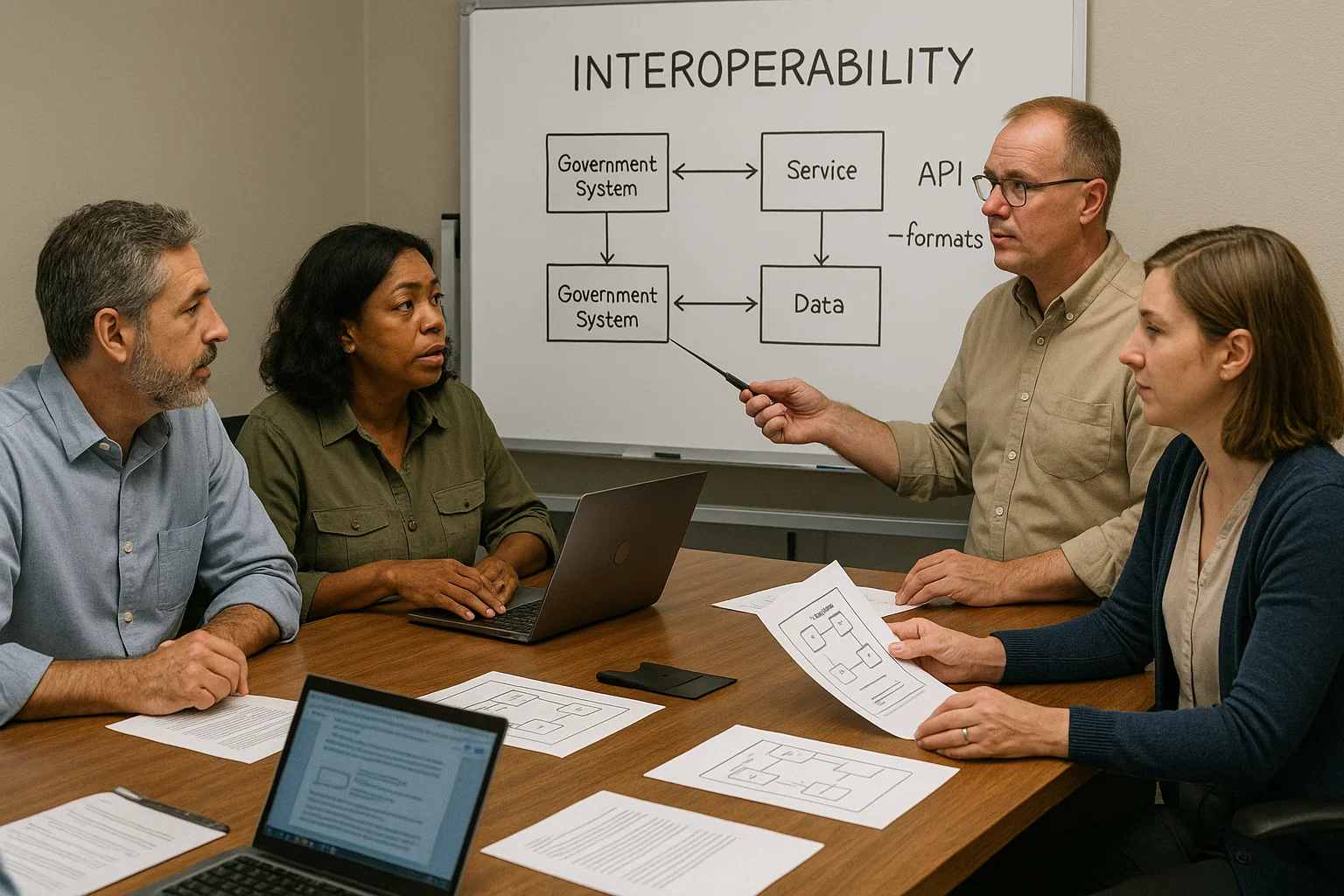 Pracownicy urzędu patrzą na schemat przepływu danych między systemami, a na ekranie widać wspólne formaty i API bez logotypów dostawców