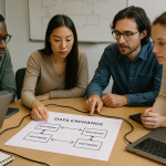 Osoby pracujące przy laptopach analizują schemat wymiany danych między różnymi systemami, bez logotypów producentów.