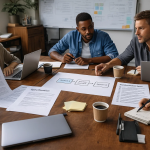 Zespół pracuje nad dokumentem specyfikacji standardu przy stole, obok widać diagram wymiany danych i listę testów zgodności