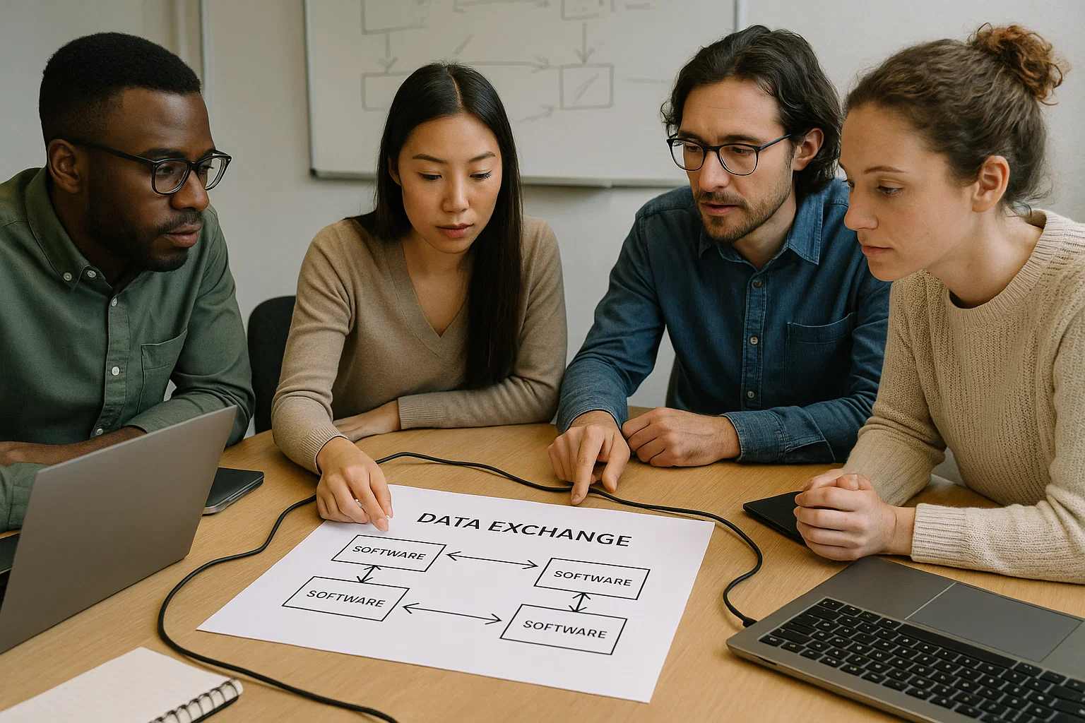 Osoby pracujące przy laptopach analizują schemat wymiany danych między różnymi systemami, bez logotypów producentów.